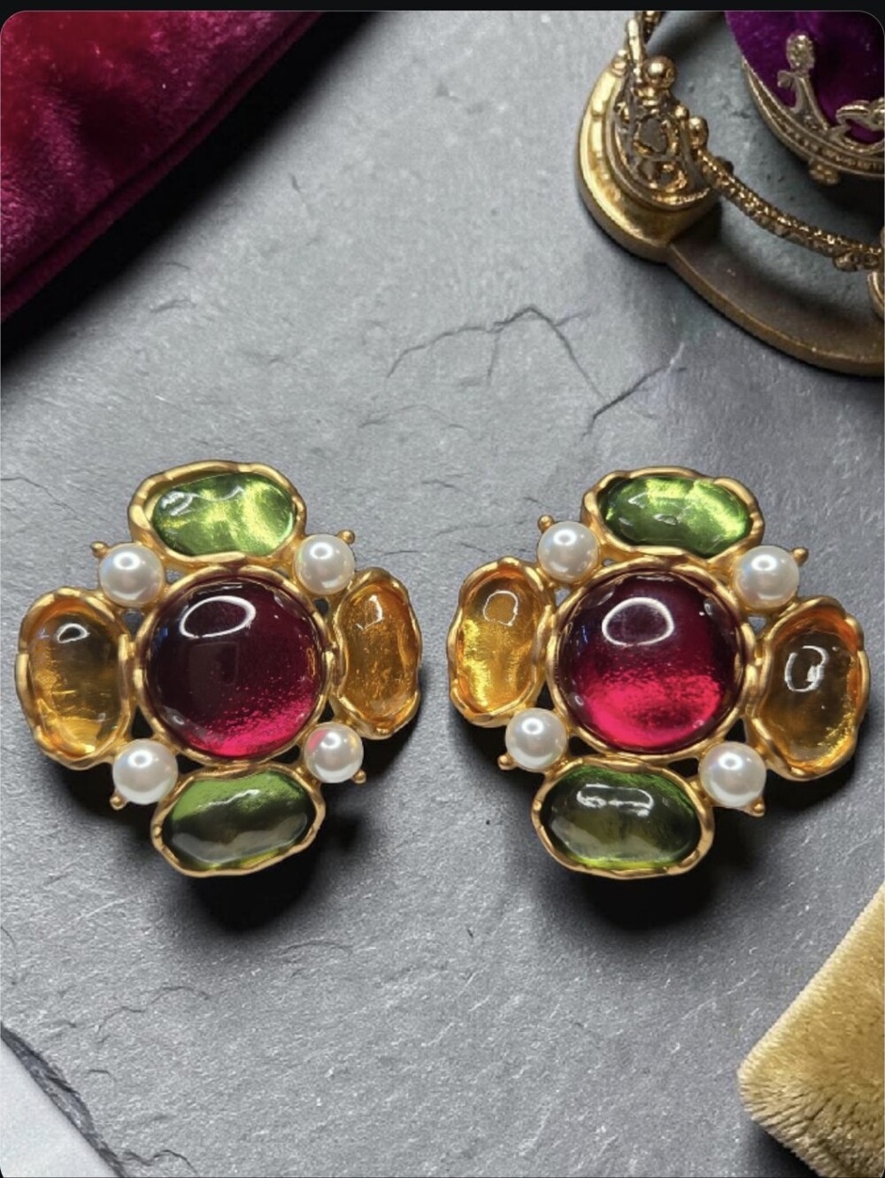 18k Matte Gold Plated Chunky Maltese Cross Glass Cabochon Pearl Earrings